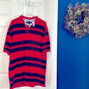 Men’s Tommy Hilfiger Red & Blue Stripe Short Sleeve Rugby Polo Size XL